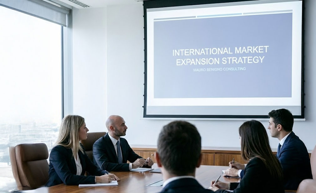International market expansion consulting meeting with business strategy presentation