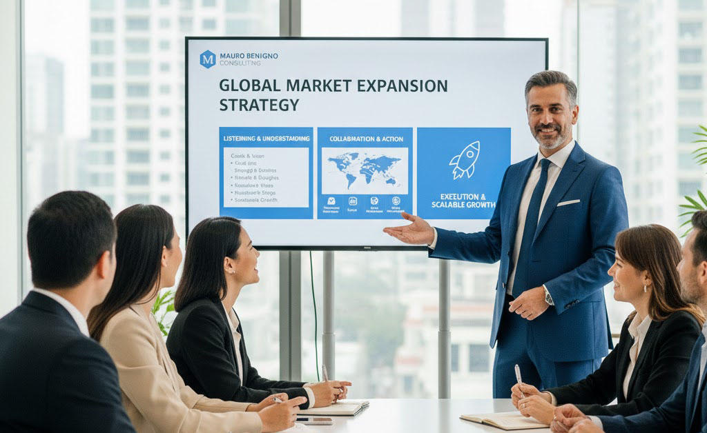 International market expansion consulting meeting with business strategy presentation