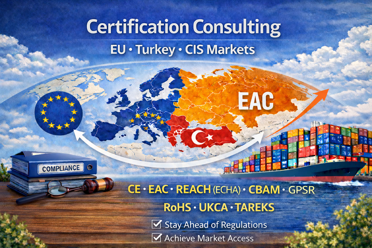 Certification consulting for EU, Turkey and CIS markets with CE, EAC, REACH and regulatory compliance framework