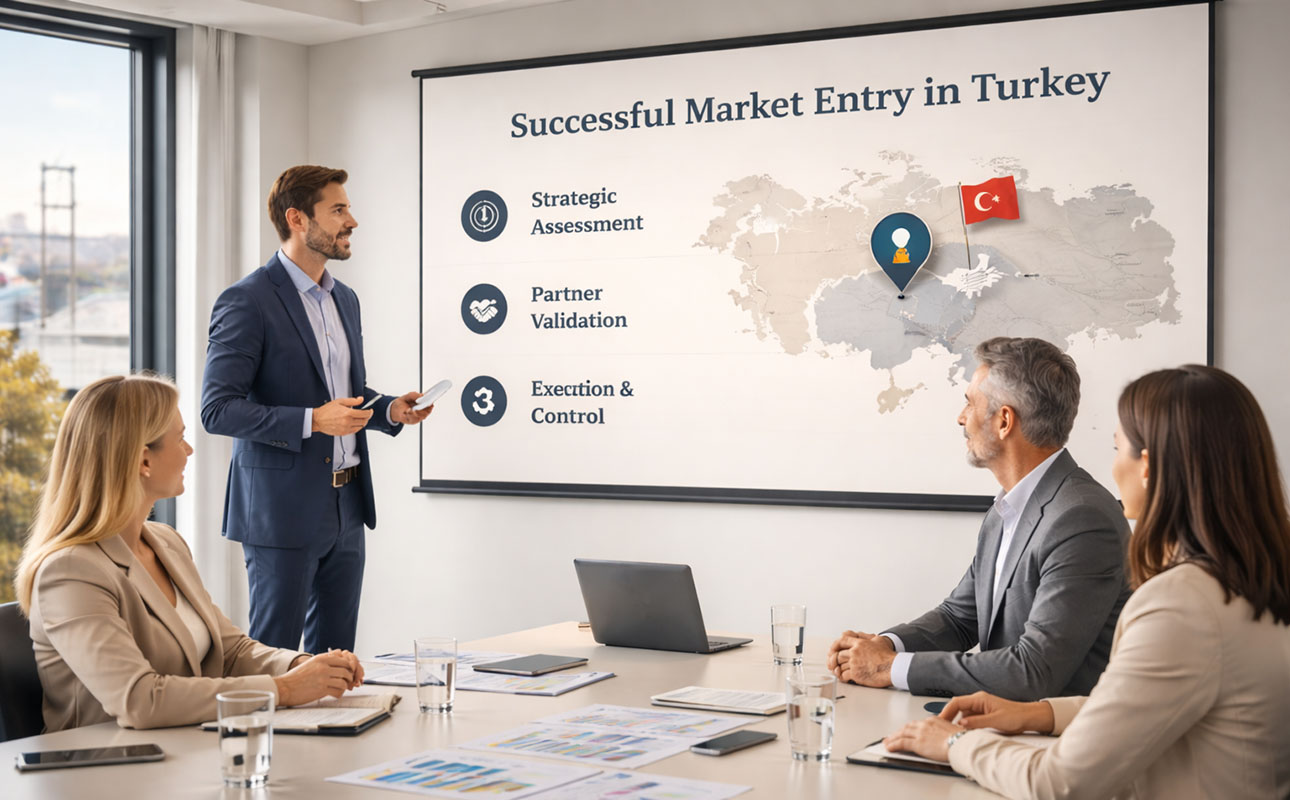 Business meeting in Istanbul discussing market entry for foreign companies
